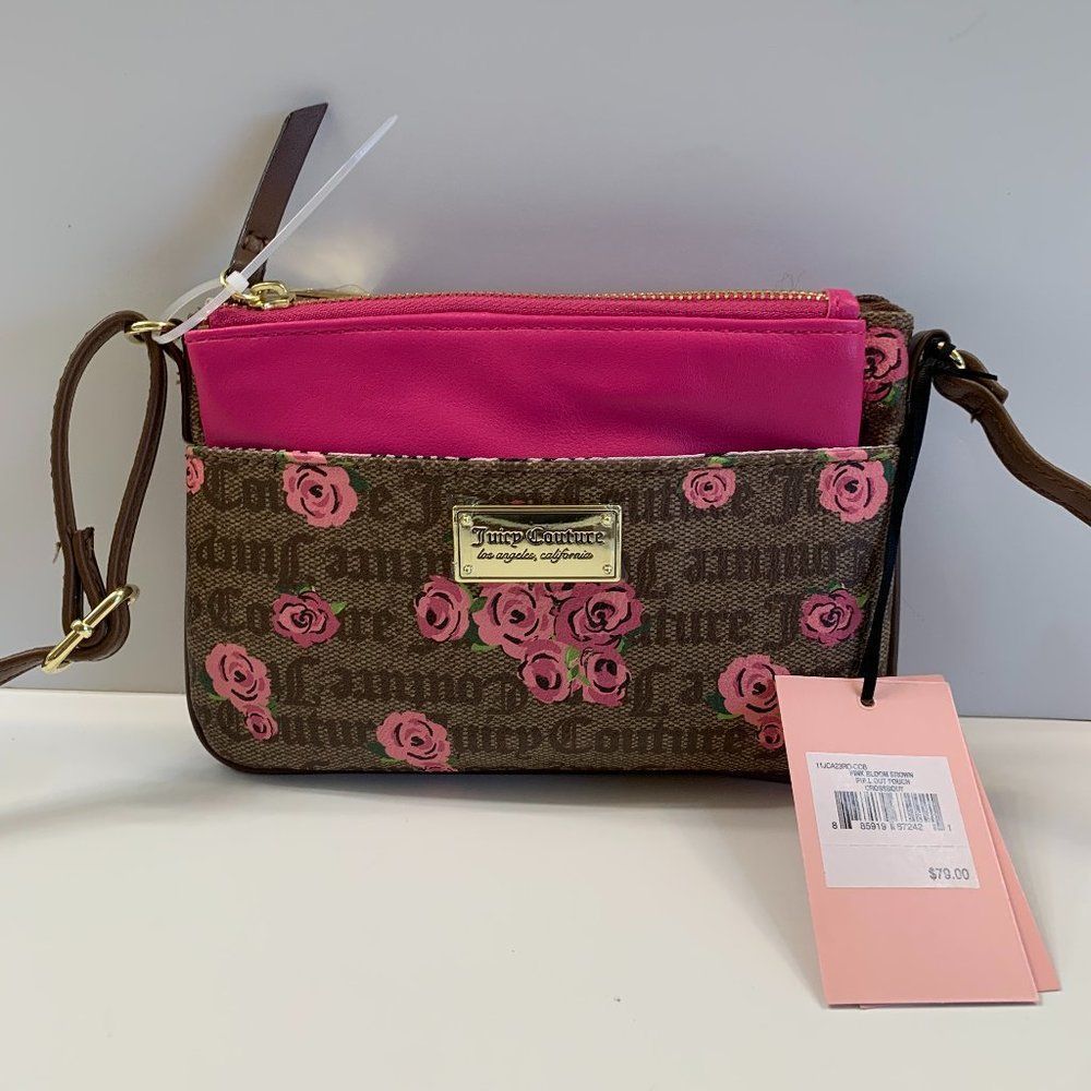 Juicy Couture Pink Bloom in Brown Signature Crossbody w/extra pouch - NWT
